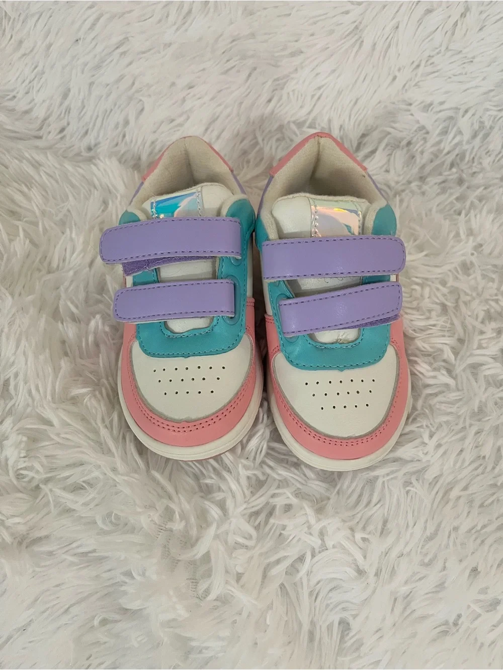 Children's Place white sneakers, pink and purple details, holographic star